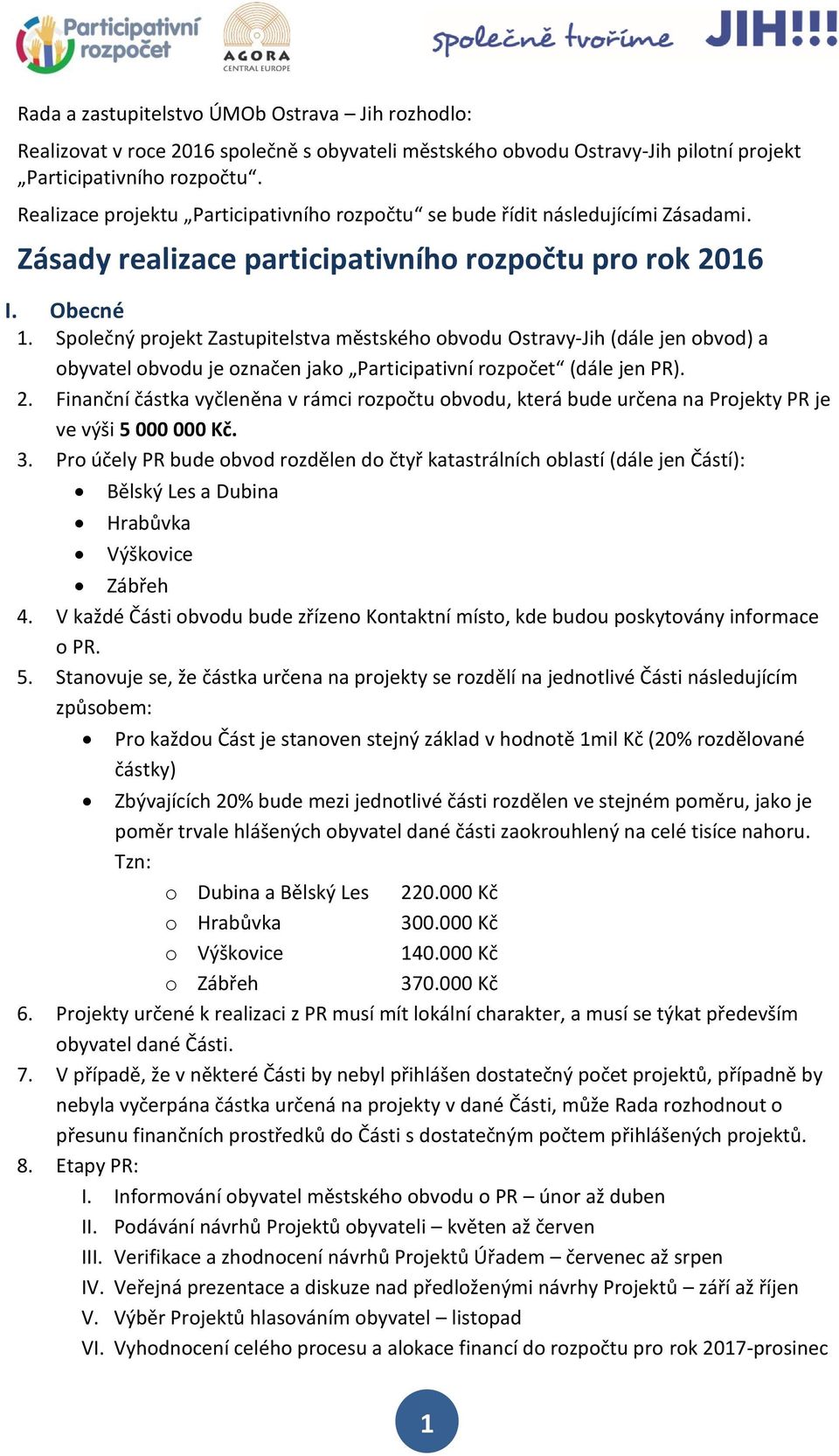 Společný projekt Zastupitelstva městského obvodu Ostravy-Jih (dále jen obvod) a obyvatel obvodu je označen jako Participativní rozpočet (dále jen PR). 2.