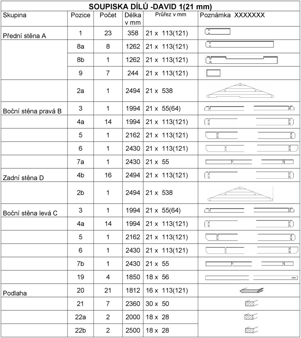 x 113(121) 7a 1 2430 21 x 55 Zadní stěna D 4b 16 2494 21 x 113(121) 2b 1 2494 21 x 538 Boční stěna levá C 3 1 1994 21 x 55(64) 4a 14 1994 21 x 113(121) 5 1 2162