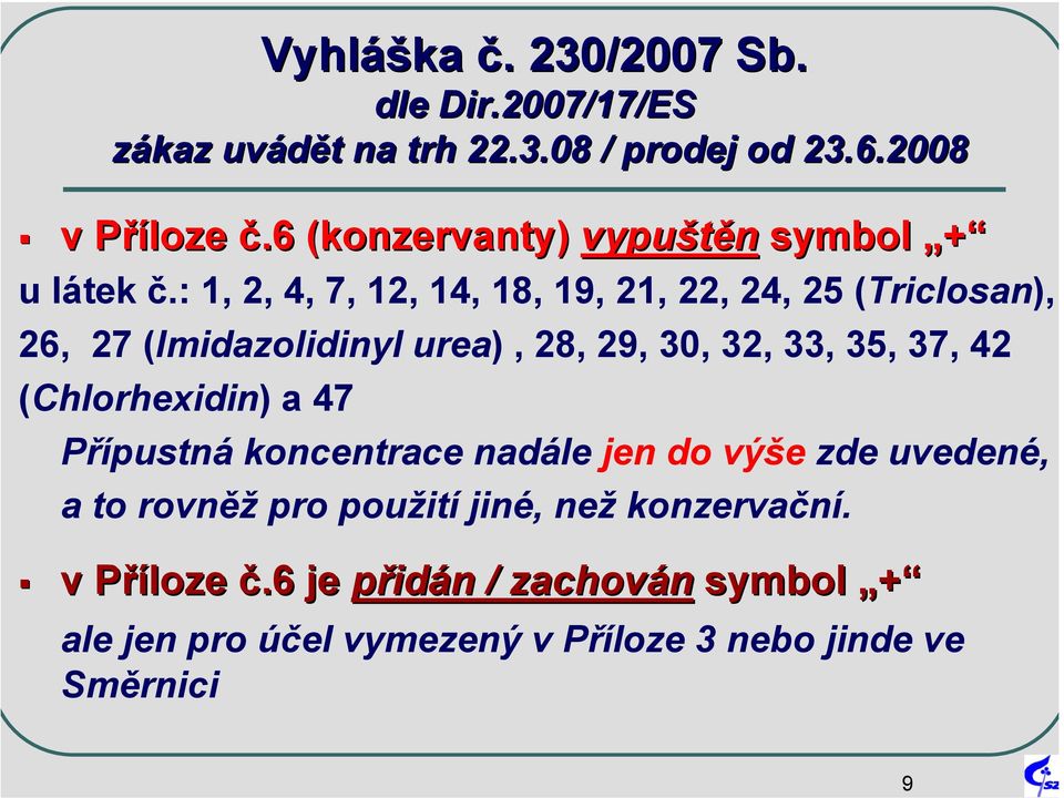 : 1, 2, 4, 7, 12, 14, 18, 19, 21, 22, 24, 25 (Triclosan), 26, 27 (Imidazolidinyl urea), 28, 29, 30, 32, 33, 35, 37, 42