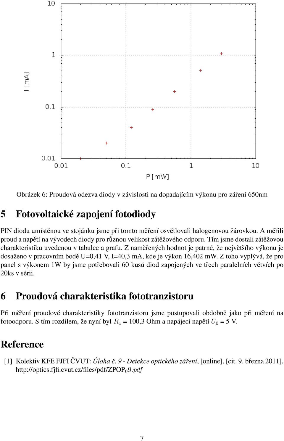 Z naměřených hodnot je patrné, že největšího výkonu je dosaženo v pracovním bodě U=0,41 V, I=40,3 ma, kde je výkon 16,402 mw.