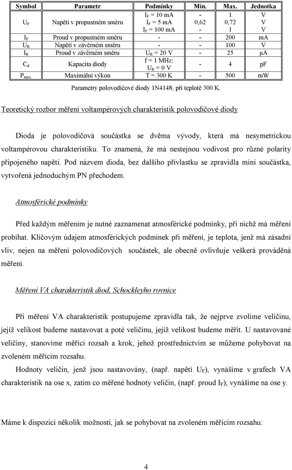 1 MHz; V - 4 p P max. Maximální výkon 3 K - 5 mw Parametry polovodičové diody 1N4148, při teplotě 3 K.