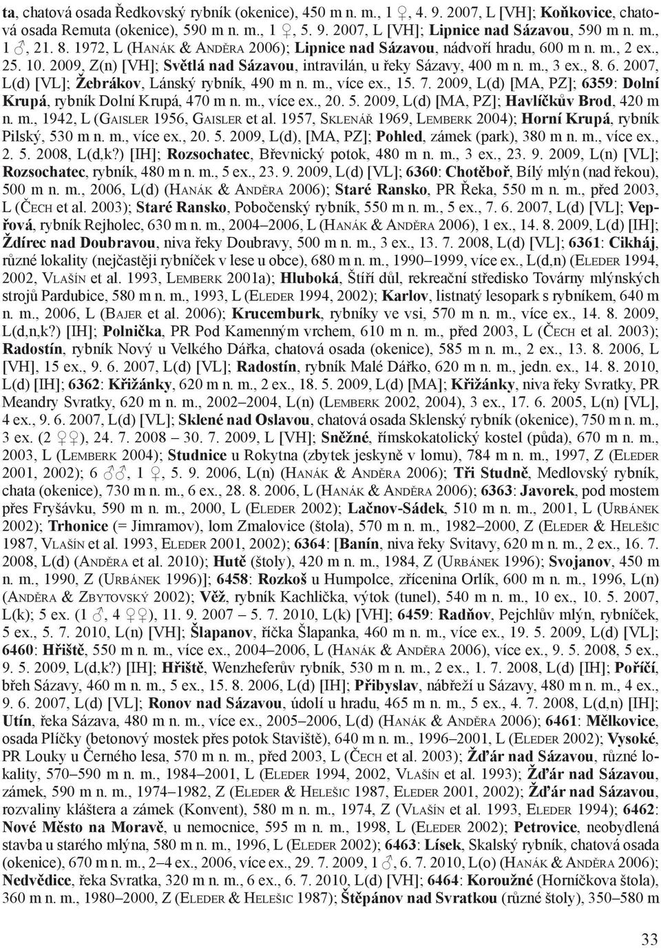 m., více ex., 15. 7. 2009, L(d) [MA, PZ]; 6359: Dolní Krupá, rybník Dolní Krupá, 470 m n. m., více ex., 20. 5. 2009, L(d) [MA, PZ]; Havlíčkův Brod, 420 m n. m., 1942, L (Gaisler 1956, Gaisler et al.