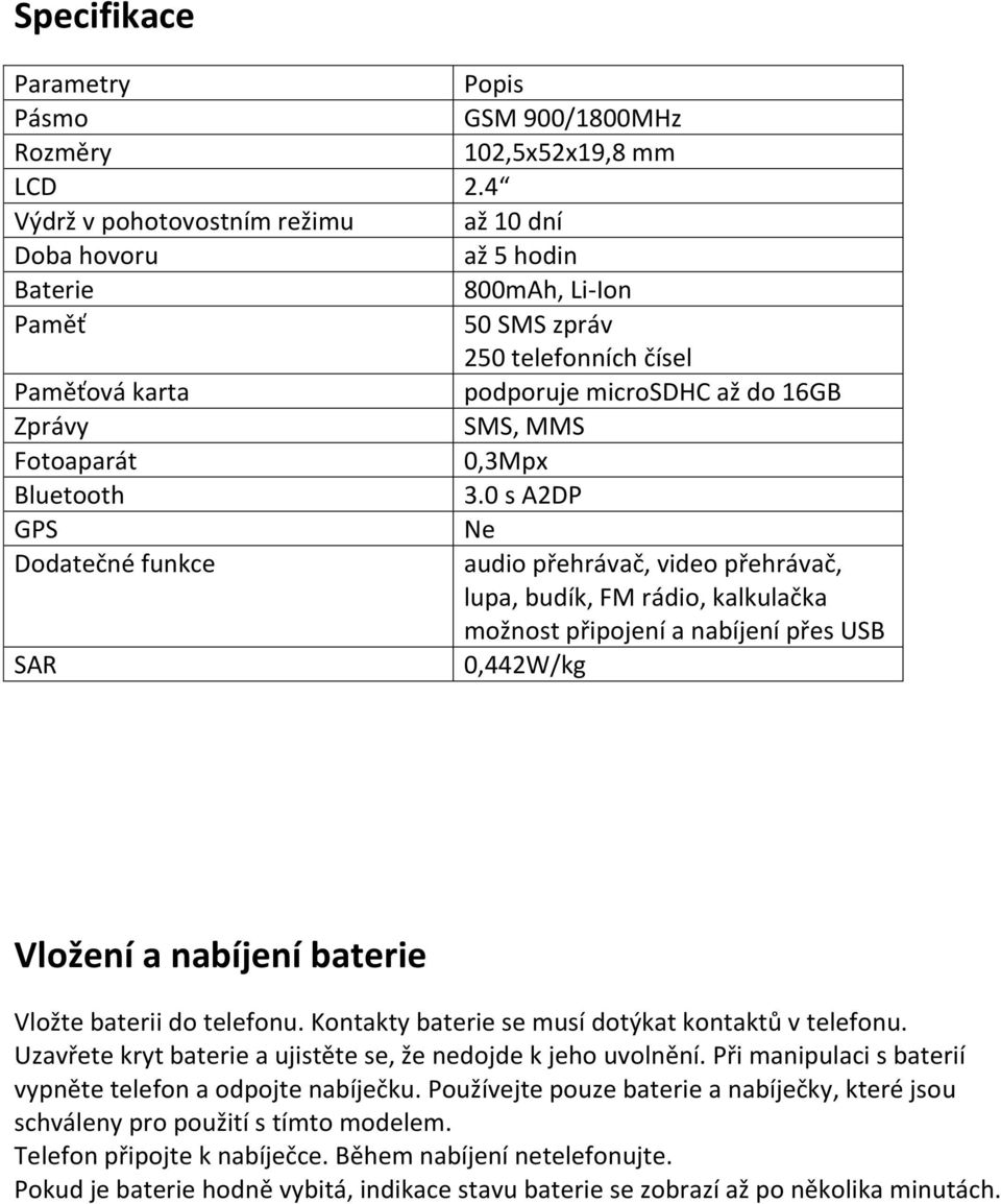 Fotoaparát 0,3Mpx Bluetooth 3.