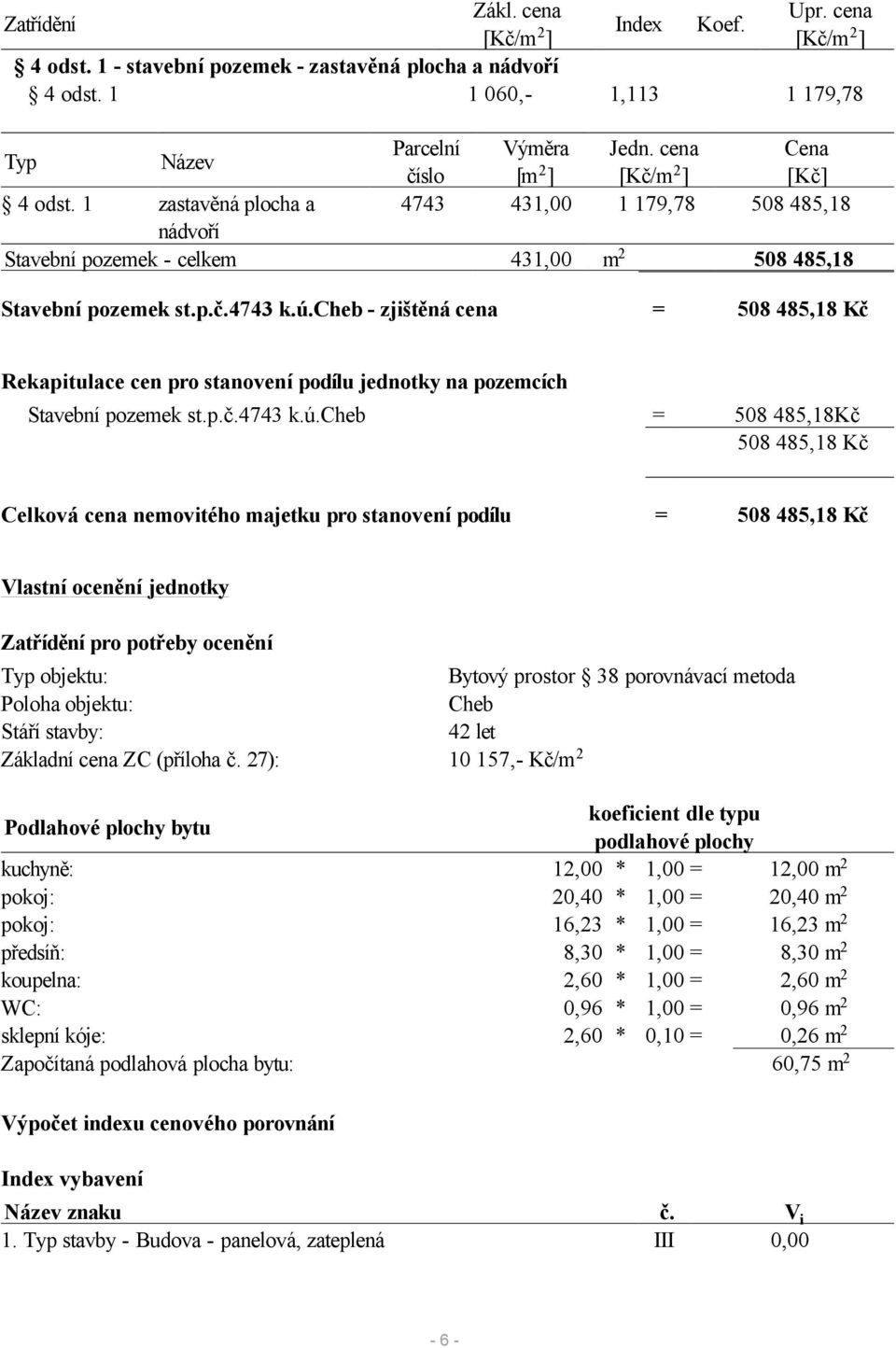 cheb - zjištěná cena = 508 485,18 Kč Rekapitulace cen pro stanovení podílu jednotky na pozemcích Stavební pozemek st.p.č.4743 k.ú.