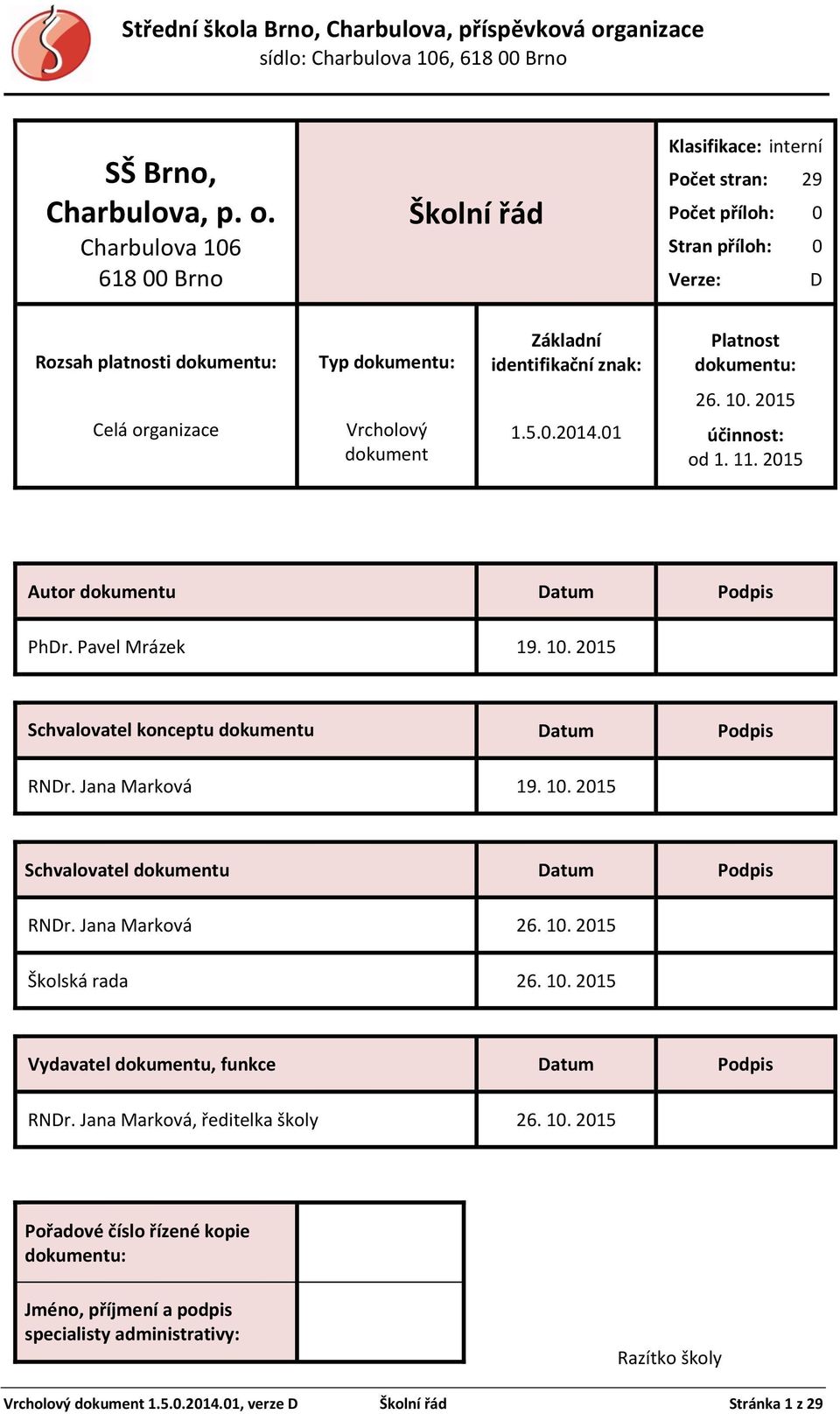 dokumentu: 26. 10. 2015 Celá organizace Vrcholový dokument 1.5.0.2014.01 účinnost: od 1. 11. 2015 Autor dokumentu Datum Podpis PhDr. Pavel Mrázek 19. 10. 2015 Schvalovatel konceptu dokumentu Datum Podpis RNDr.