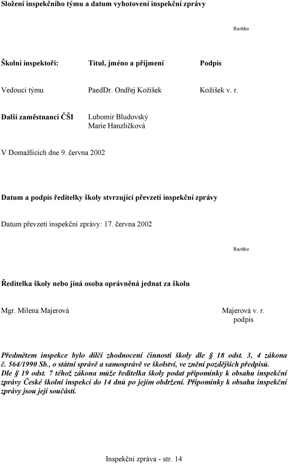 června 2002 Razítko Ředitelka školy nebo jiná osoba oprávněná jednat za školu Mgr. Milena Majerová Majerová v. r. podpis Předmětem inspekce bylo dílčí zhodnocení činnosti školy dle 18 odst.