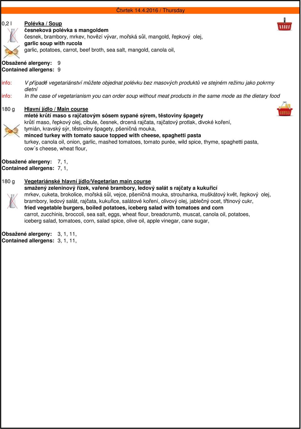 4.2016 / Thursday V případě vegetariánství můžete objednat polévku bez masových produktů ve stejném režimu jako pokrmy dietní In the case of vegetarianism you can order soup without meat products in