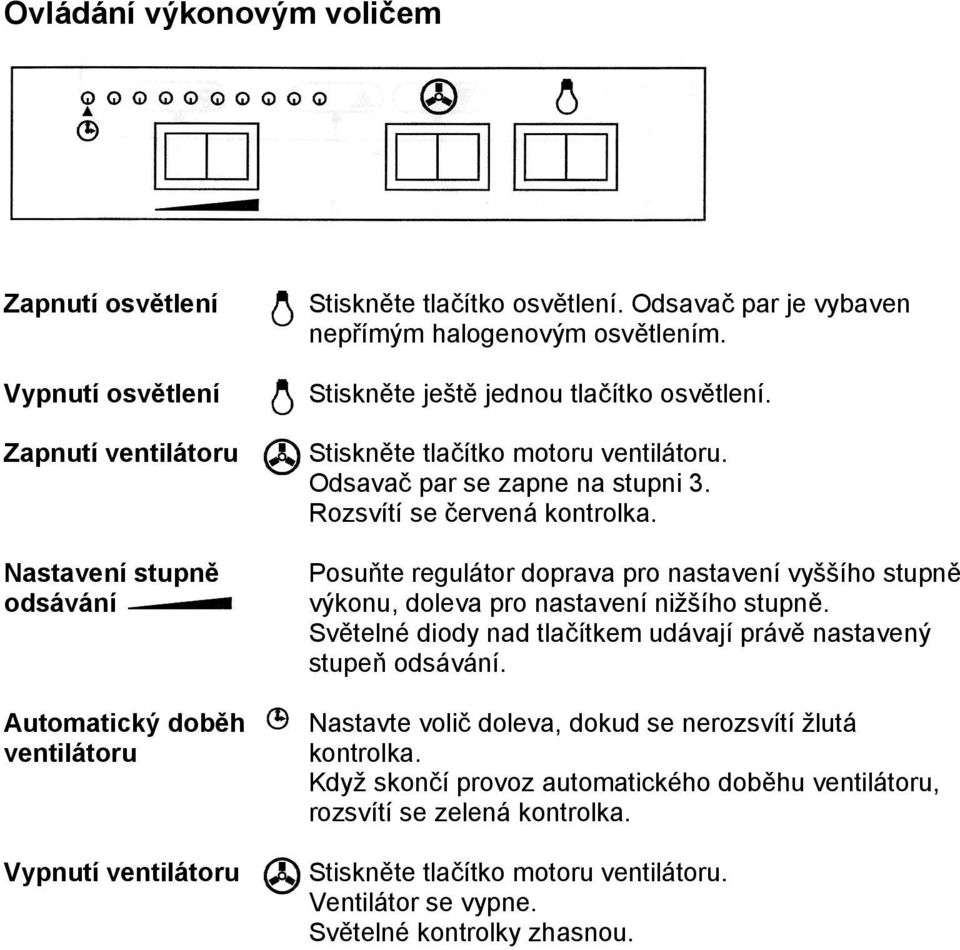 Rozsvítí se červená kontrolka. Posuňte regulátor doprava pro nastavení vyššího stupně výkonu, doleva pro nastavení nižšího stupně.