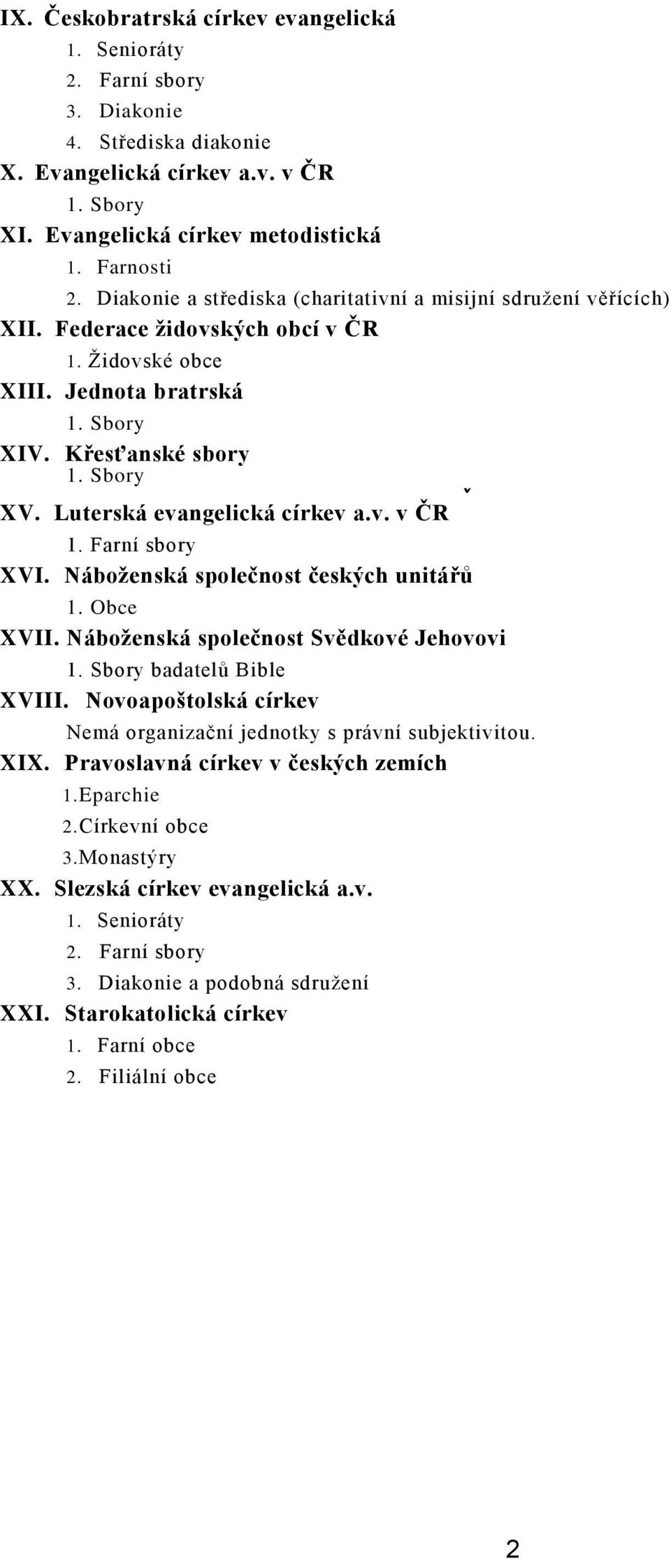 Luterská evangelická církev a.v. v ČR 1. Farní sbory XVI. Náboženská společnost českých unitářů 1. Obce XVII. Náboženská společnost Svědkové Jehovovi 1. Sbory badatelů Bible XVIII.