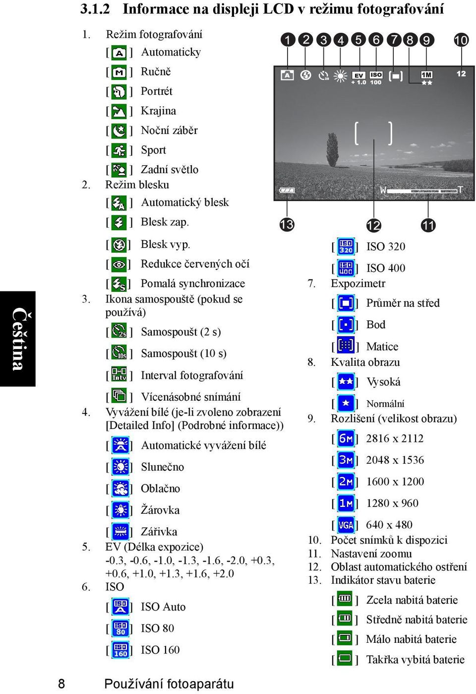 Vyvážení bílé (je-li zvoleno zobrazení [Detailed Info] (Podrobné informace)) Automatické vyvážení bílé Slunečno Oblačno Žárovka Zářivka 5. EV (Délka expozice) -0.3, -0.6, -1.0, -1.3, -1.6, -2.0, +0.