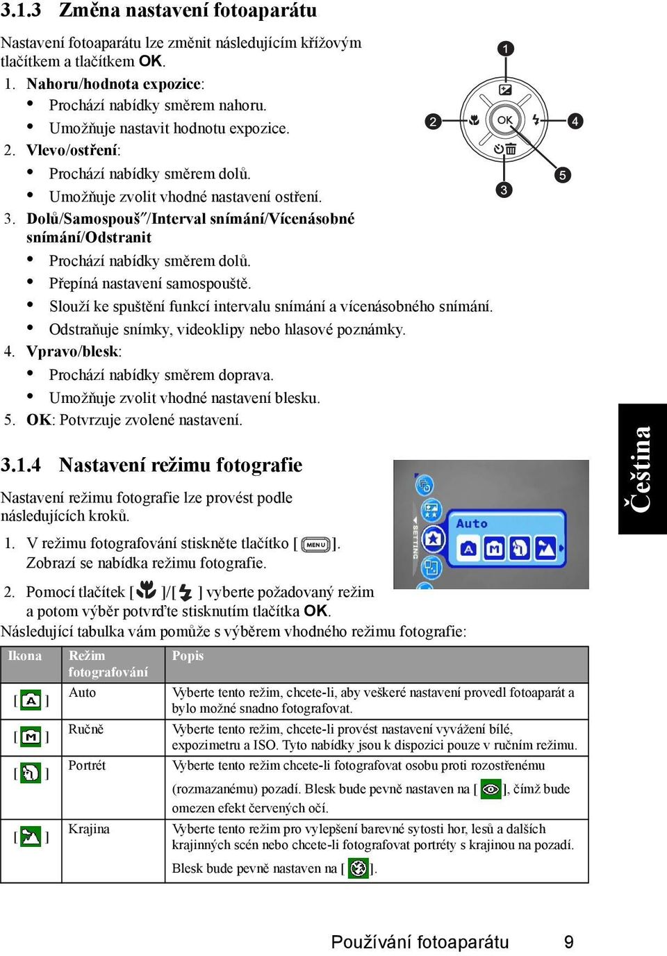 Dolů/Samospouš /Interval snímání/vícenásobné snímání/odstranit Prochází nabídky směrem dolů. Přepíná nastavení samospouště. Slouží ke spuštění funkcí intervalu snímání a vícenásobného snímání.