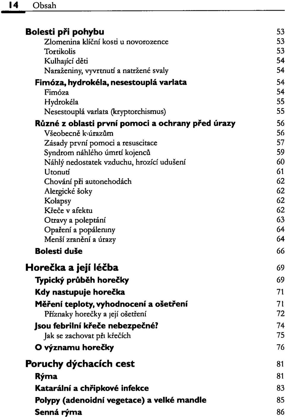 Náhlý nedostatek vzduchu, hrozící udušení 60 Utonutí 61 Chování při autonehodách 62 Alergické šoky 62 Kolapsy 62 Křeče v afektu 62 Otrav)' a poleptání 63 Opaření a popáleniny 64 Menší zranění a úrazy