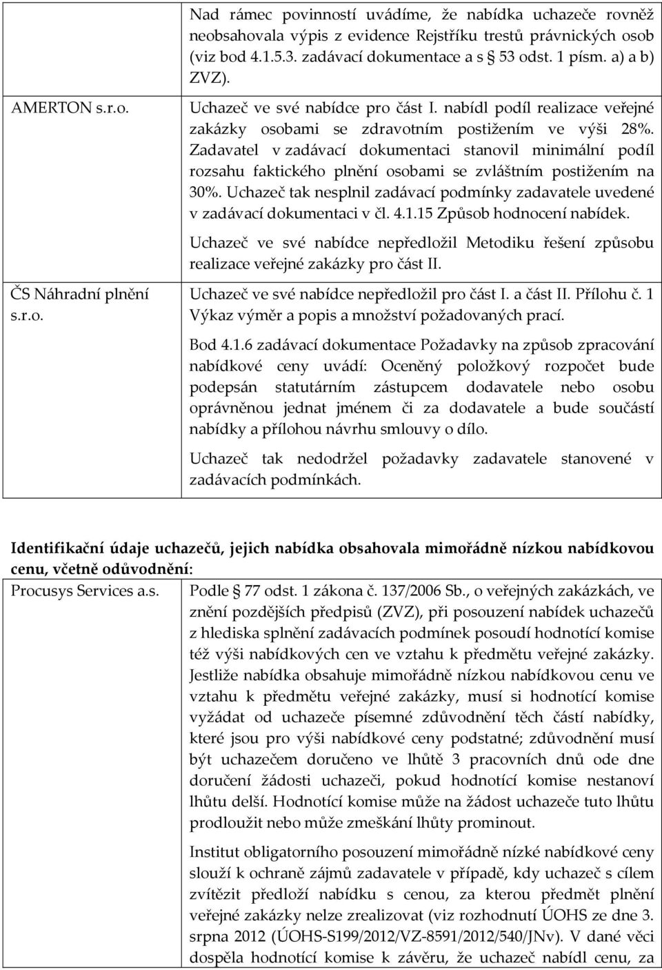 Zadavatel v zadávací dokumentaci stanovil minimální podíl rozsahu faktického plnění osobami se zvláštním postižením na 30%.