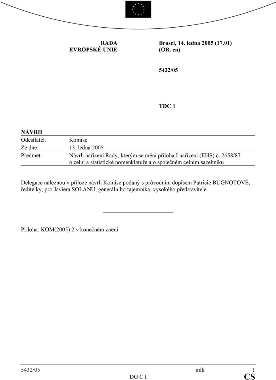 2658/87 o celní a statistické nomenklatuře a o společném celním sazebníku Delegace naleznou v příloze návrh Komise podaný s