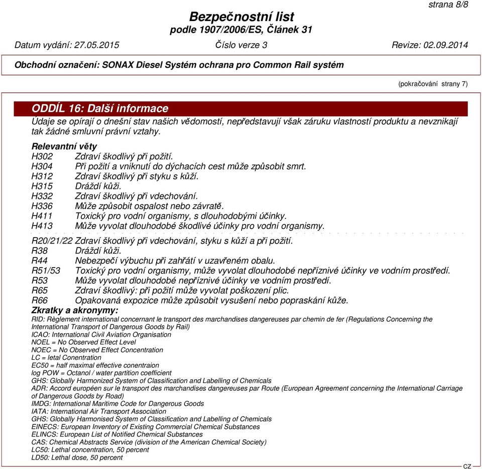 H332 Zdraví škodlivý při vdechování. H336 Může způsobit ospalost nebo závratě. H411 Toxický pro vodní organismy, s dlouhodobými účinky.