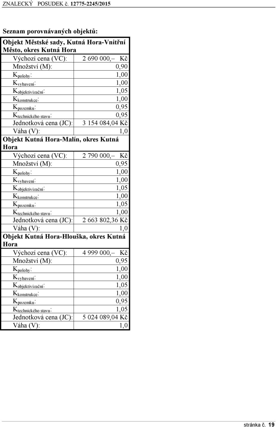 Množství (M): 0,95 K polohy : 1,00 K vybavení : 1,00 K objektivizační : 1,05 K konstrukce : 1,00 K pozemku : 1,05 K technického stavu : 1,00 Jednotková cena (JC): 2 663 802,36 Kč Váha (V): 1,0 Objekt