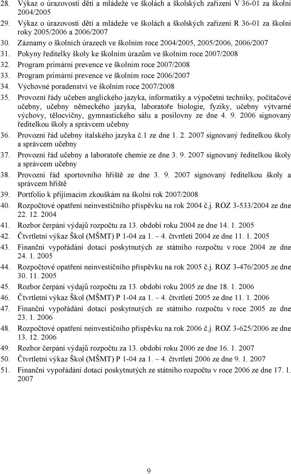 Pokyny ředitelky školy ke školním úrazům ve školním roce 2007/2008 32. Program primární prevence ve školním roce 2007/2008 33. Program primární prevence ve školním roce 2006/2007 34.