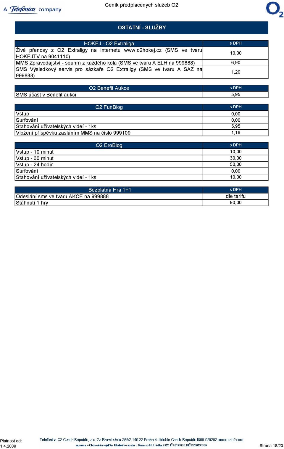 tvaru A SAZ na 999888) 1 6,90 1,20 SMS účast v Benefit aukci O2 Benefit Aukce 5,95 O2 FunBlog Vstup Surfování Stahování uživatelských videí - 1ks 5,95 Vložení příspěvku