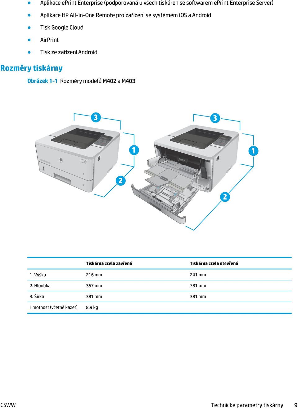 1-1 Rozměry modelů M40 a M403 3 3 HEWLETT-PACKARD 1 HEWLETT-PACKARD 1 1 Tiskárna zcela zavřená Tiskárna zcela otevřená 1.