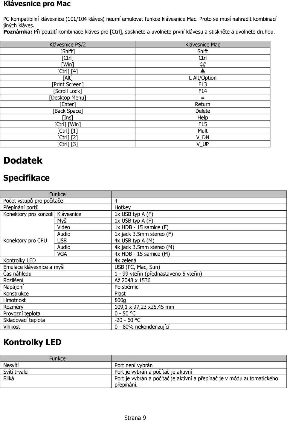 Dodatek Specifikace Klávesnice PS/2 Klávesnice Mac [Shift] Shift [Ctrl] Ctrl [Win] [Ctrl] [4] [Alt] L Alt/Option [Print Screen] F13 [Scroll Lock] F14 [Desktop Menu] = [Enter] Return [Back Space]