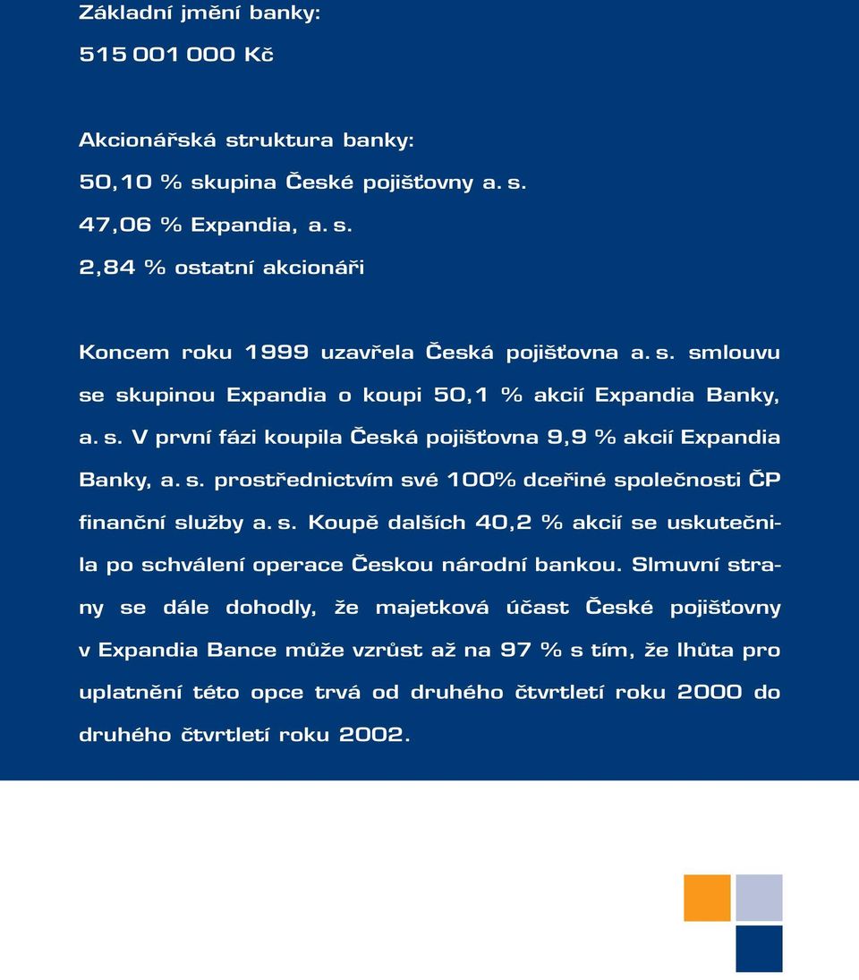 s. Koupě dalších 40,2 % akcií se uskutečnila po schválení operace Českou národní bankou.
