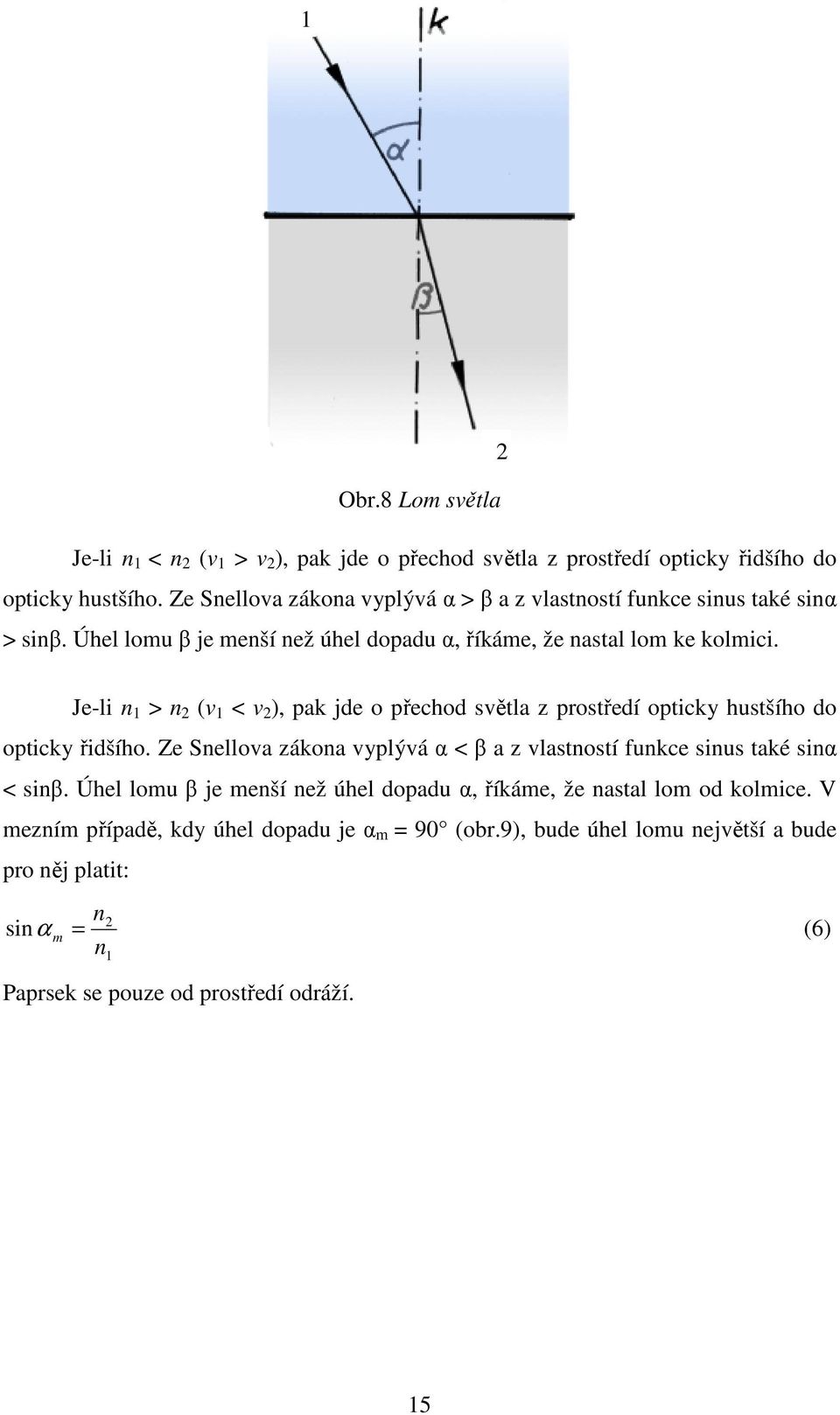 Je-li n 1 > n 2 (v 1 < v 2 ), pak jde o přechod světla z prostředí opticky hustšího do opticky řidšího.