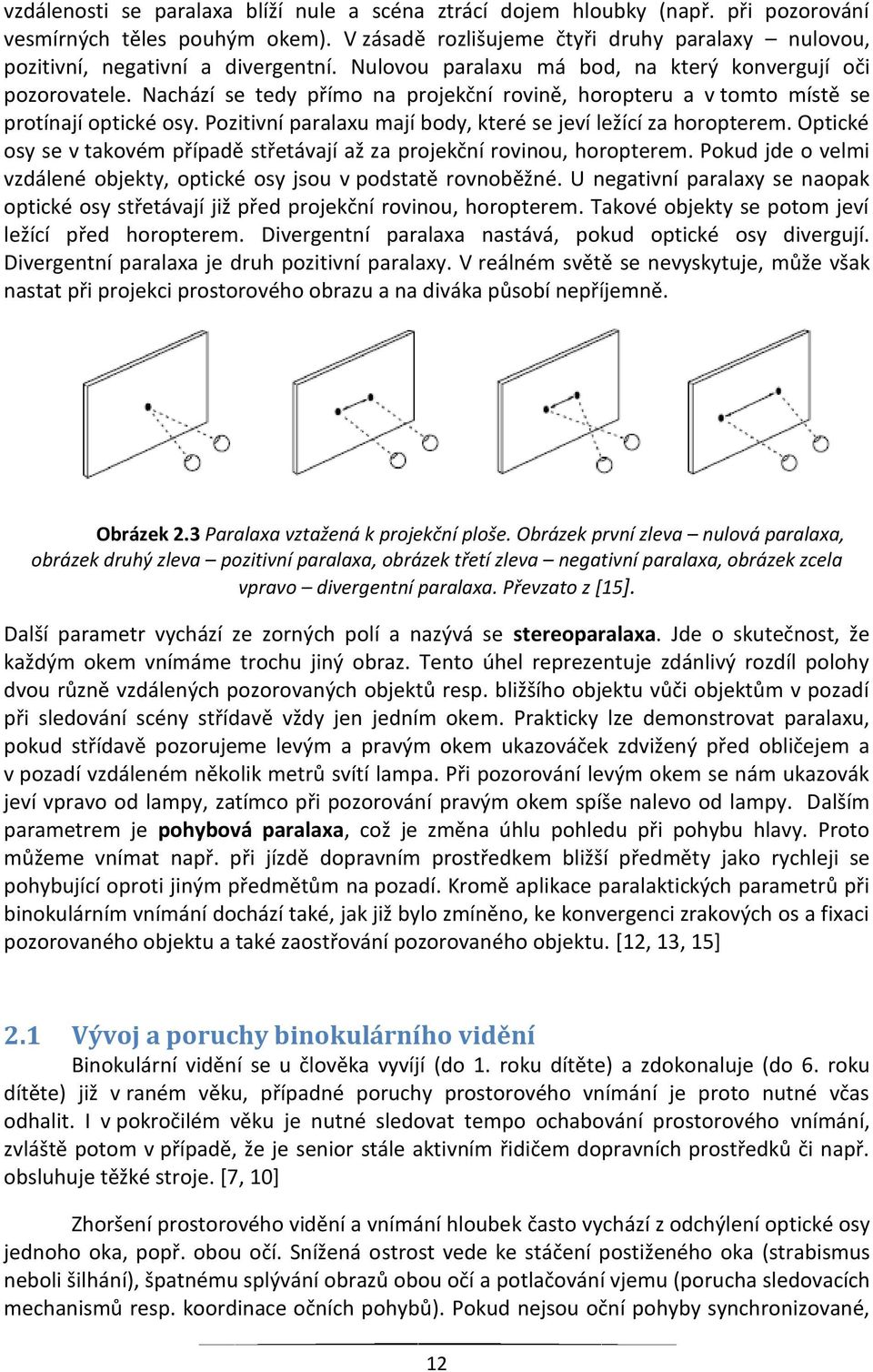 Nachází se tedy přímo na projekční rovině, horopteru a v tomto místě se protínají optické osy. Pozitivní paralaxu mají body, které se jeví ležící za horopterem.