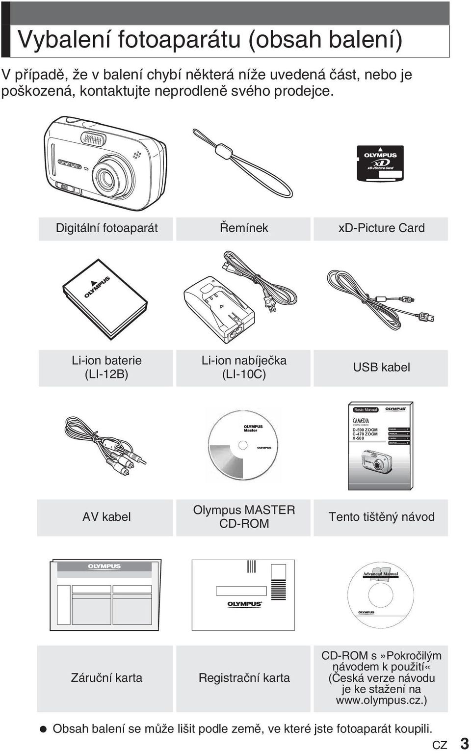 Digitální fotoaparát emínek xd-picture Card Li-ion baterie (LI-12B) Li-ion nabíjeãka (LI-10C) USB kabel Basic Manual D-590 ZOOM C-470 ZOOM