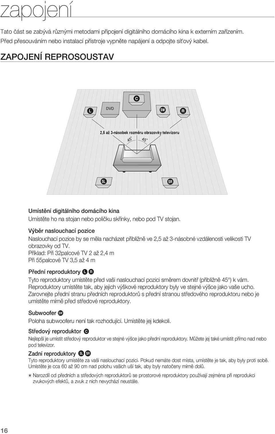 pozice by se měla nacházet přibližně ve 2,5 až 3-násobné vzdálenosti velikosti TV obrazovky od TV Příklad: Při 32palcové TV 2 až 2,4 m Při 55palcové TV 3,5 až 4 m Přední reproduktory ei Tyto
