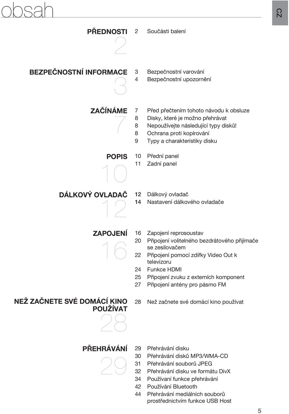 8 Ochrana proti kopírování 9 Typy a charakteristiky disku Přední panel 11 Zadní panel Dálkový ovladač 14 Nastavení dálkového ovladače Zapojení reprosoustav 20 Připojení volitelného bezdrátového