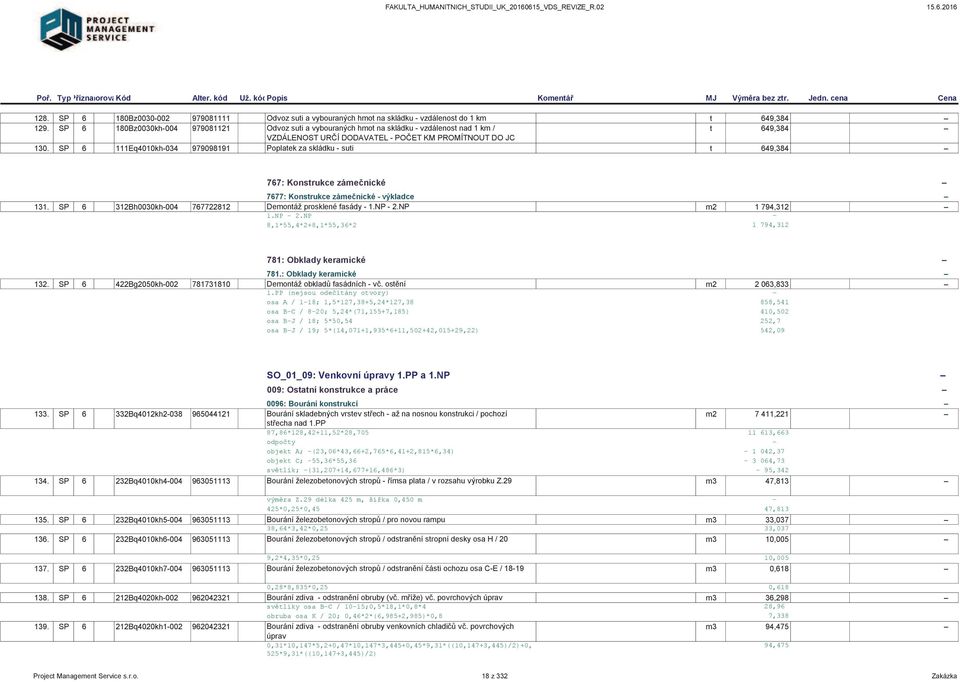 SP 6 111Eq4010kh-034 979098191 Poplatek za skládku - suti t 649,384 767: Konstrukce zámečnické 7677: Konstrukce zámečnické - výkladce 131. SP 6 312Bh0030kh-004 767722812 Demontáž prosklené fasády - 1.