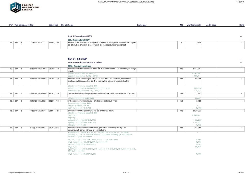 NP 009: Ostatní konstrukce a práce 0096: Bourání konstrukcí 12. SP 6 232Bq4010kh1-004 963051113 Bourání střešního souvrství až na ŽB zvedanou desku - vč.