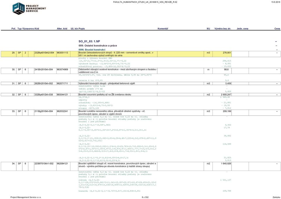 prostor; -(5,488+16,393*4)*0,22-15,633 30. SP 6 241Bh2010kh-004 963074969 Odstranění stávající ocelové konstrukce - mezi zdvíhaným stropem a fasádou - m 98,6 vzdálenost cca 2 m 55,14/2=27,57, tzn.