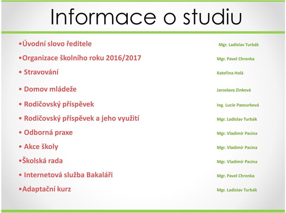 Adaptační kurz Mgr. Ladislav Turbák Mgr. Pavel Chrenka Kateřina Holá Jaroslava Zinková Ing. Lucie Pazourková Mgr.