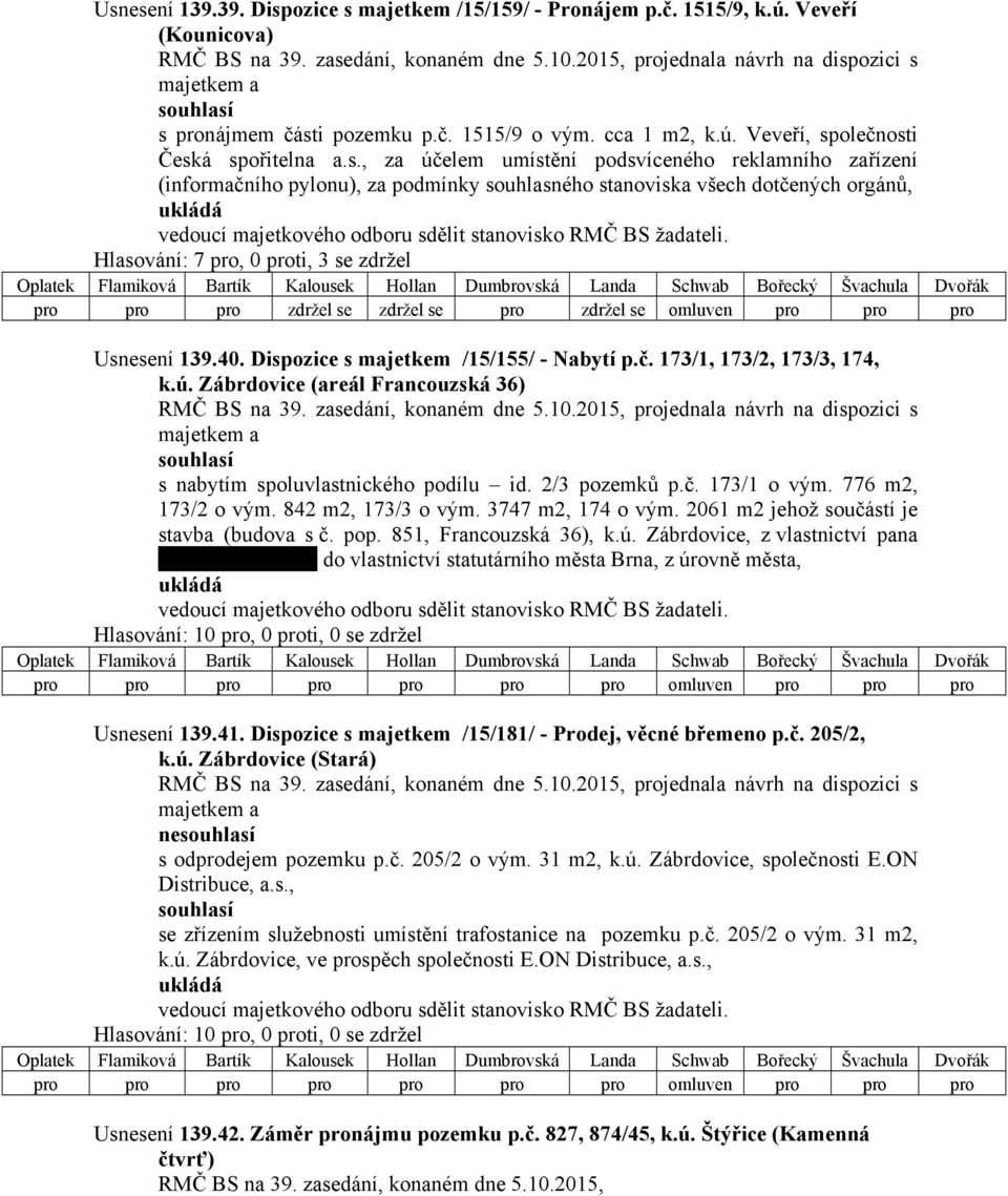 Hlasování: 7 pro, 0 proti, 3 se zdržel pro pro pro zdržel se zdržel se pro zdržel se omluven pro pro pro Usnesení 139.40. Dispozice s majetkem /15/155/ - Nabytí p.č. 173/1, 173/2, 173/3, 174, k.ú.