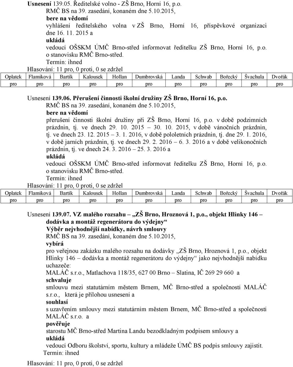 Hlasování: 11 pro, 0 proti, 0 se zdržel pro pro pro pro pro pro pro pro pro pro pro Usnesení 139.06. Přerušení činnosti školní družiny ZŠ Brno, Horní 16, p.o. bere na vědomí přerušení činnosti školní družiny při ZŠ Brno, Horní 16, p.