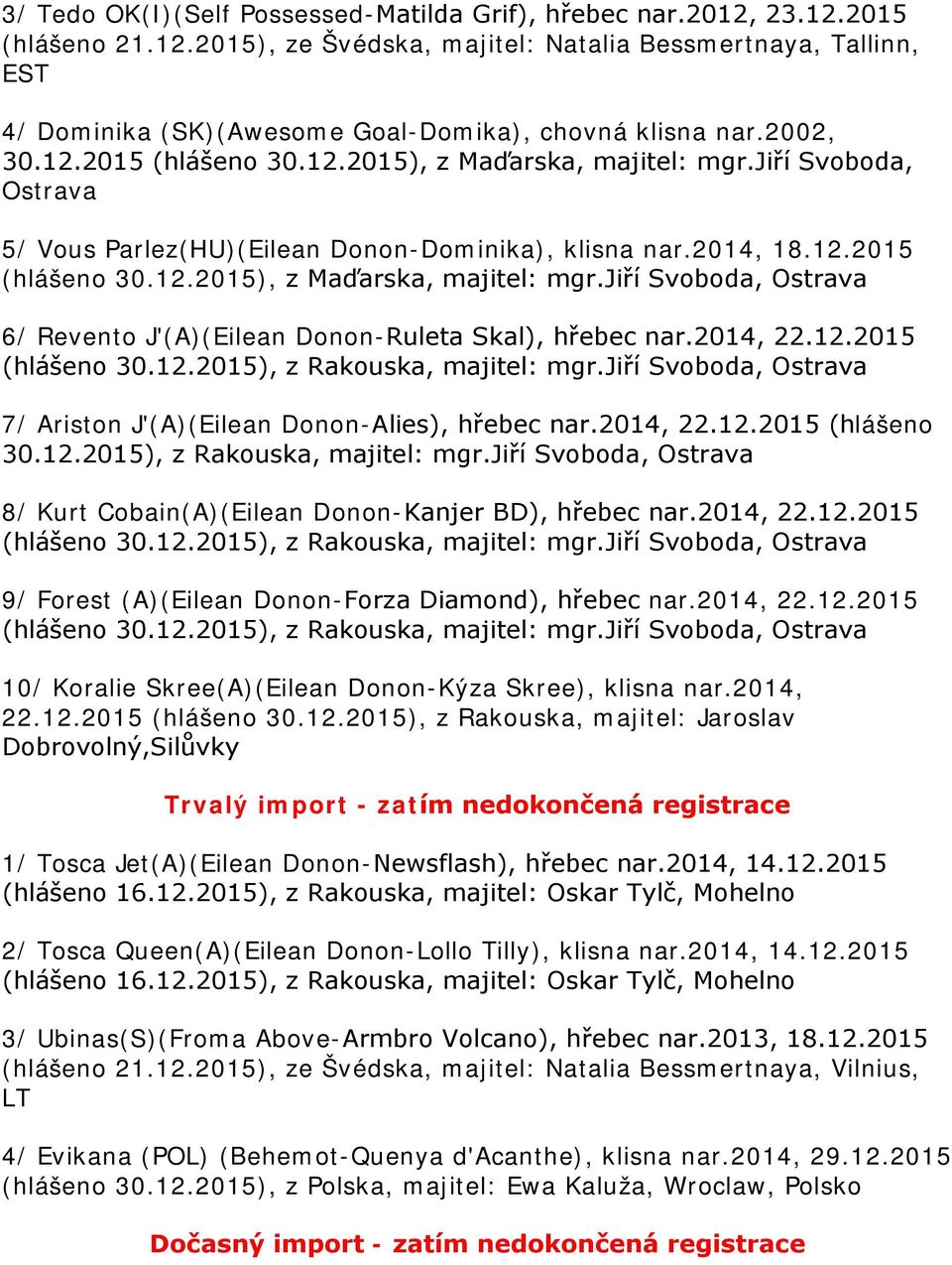 2014, 22.12.2015 (hlášeno 30.12.2015), z Rakouska, majitel: mgr.jiří Svoboda, Ostrava 7/ Ariston J'(A)(Eilean Donon-Alies), hřebec nar.2014, 22.12.2015 (hlášeno 30.12.2015), z Rakouska, majitel: mgr.jiří Svoboda, Ostrava 8/ Kurt Cobain(A)(Eilean Donon-Kanjer BD), hřebec nar.