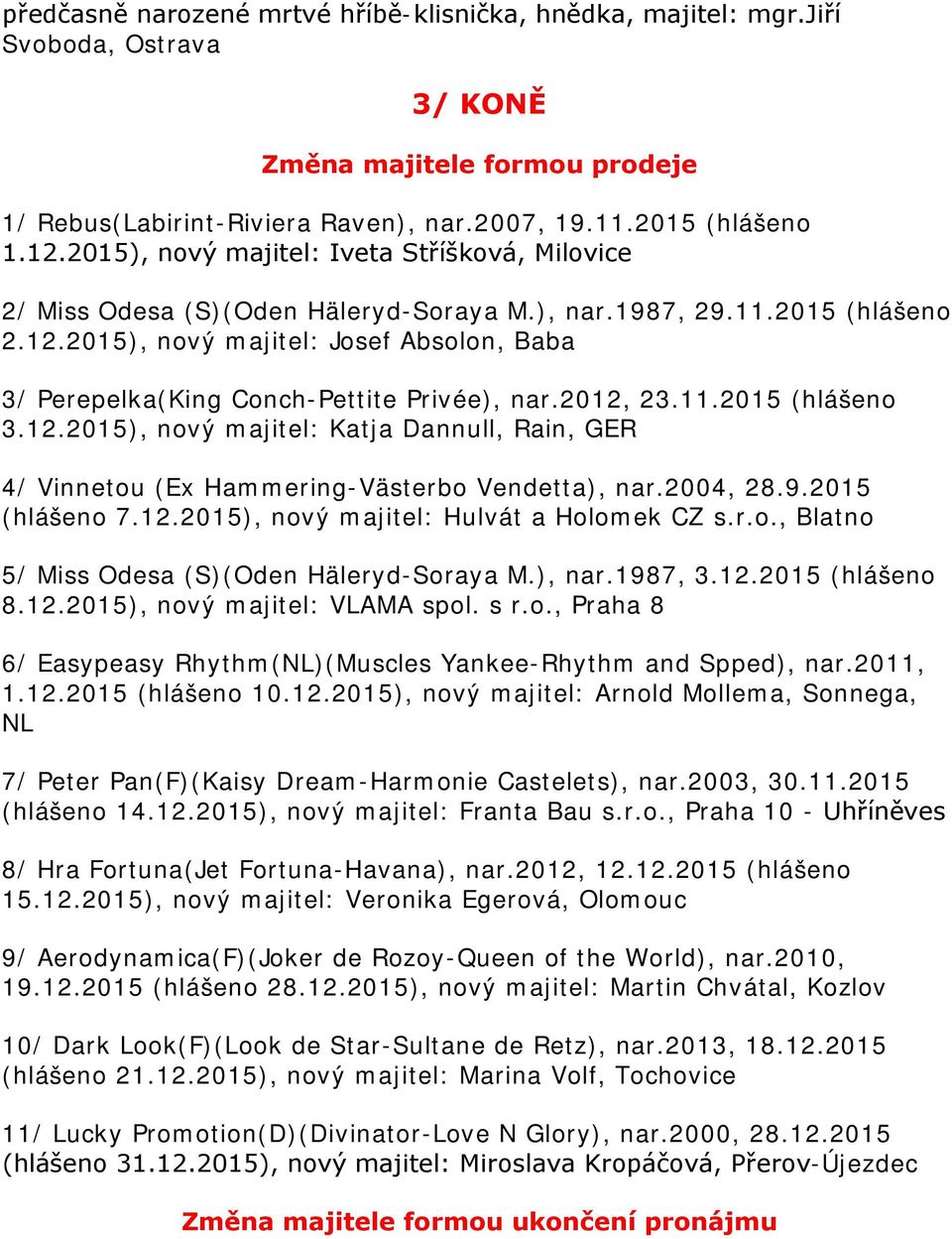 2015), nový majitel: Josef Absolon, Baba 3/ Perepelka(King Conch-Pettite Privée), nar.2012, 23.11.2015 (hlášeno 3.12.2015), nový majitel: Katja Dannull, Rain, GER 4/ Vinnetou (Ex Hammering-Västerbo Vendetta), nar.