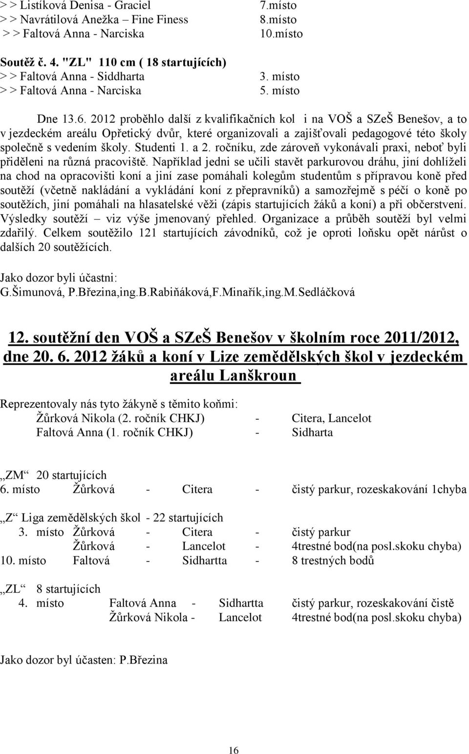 2012 proběhlo další z kvalifikačních kol i na VOŠ a SZeŠ Benešov, a to v jezdeckém areálu Opřetický dvůr, které organizovali a zajišťovali pedagogové této školy společně s vedením školy. Studenti 1.