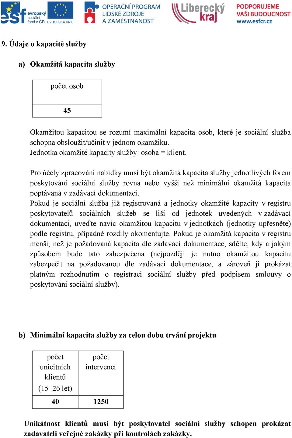 Pro účely zpracování nabídky musí být okamžitá kapacita služby jednotlivých forem poskytování sociální služby rovna nebo vyšší než minimální okamžitá kapacita poptávaná v zadávací dokumentaci.