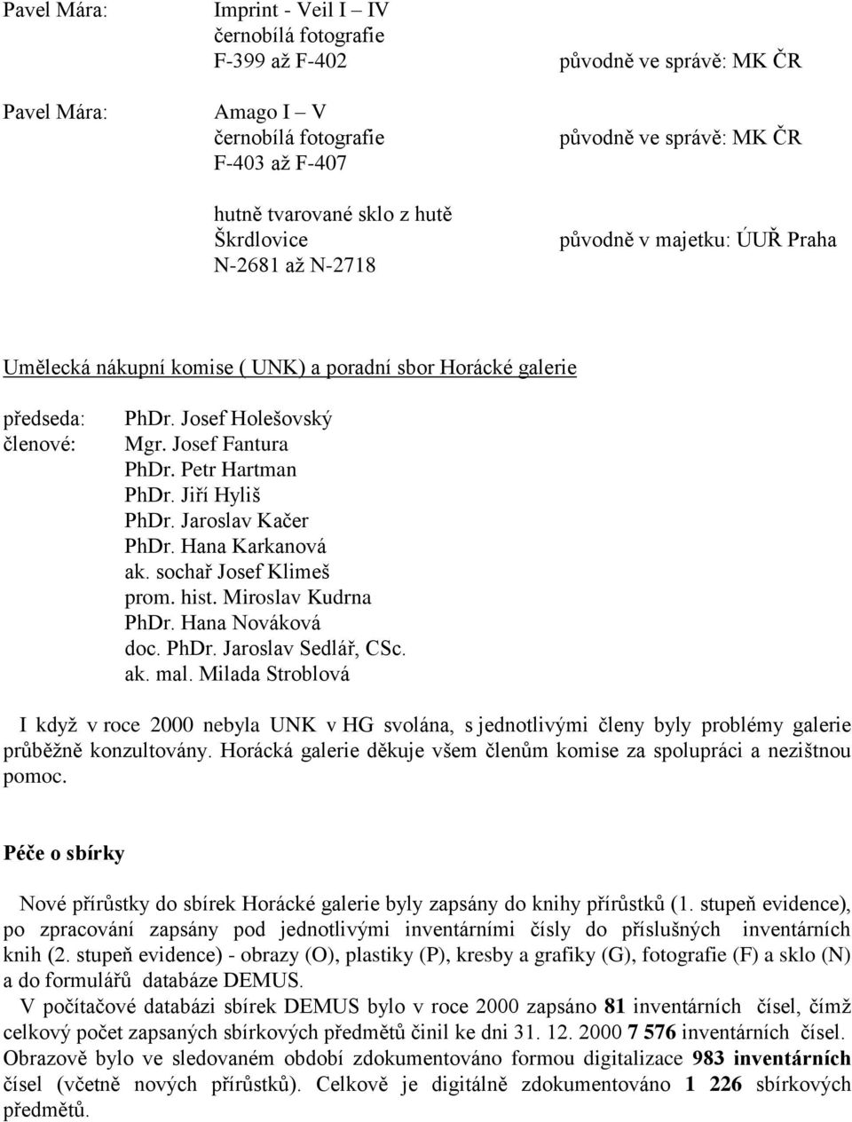 Petr Hartman PhDr. Jiří Hyliš PhDr. Jaroslav Kačer PhDr. Hana Karkanová ak. sochař Josef Klimeš prom. hist. Miroslav Kudrna PhDr. Hana Nováková doc. PhDr. Jaroslav Sedlář, CSc. ak. mal.