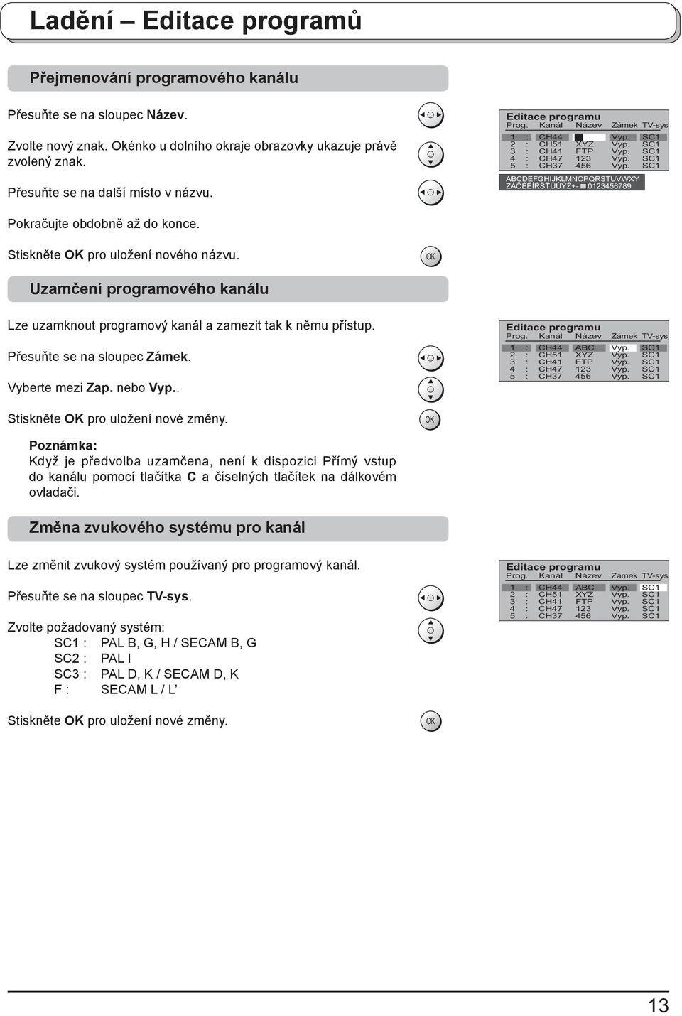 Kanál ázev Zámek -sys 1 : 2 : 3 : 4 : 5 : CH44 CH51 CH41 CH47 CH37 XYZ FTP 123 456 ABCDEFGHIJKLMOPQRSTUVWXY ZÁČÉĚÍŘŠŤŮÚÝŽ+- 0123456789 Pokračujte obdobně až do konce.