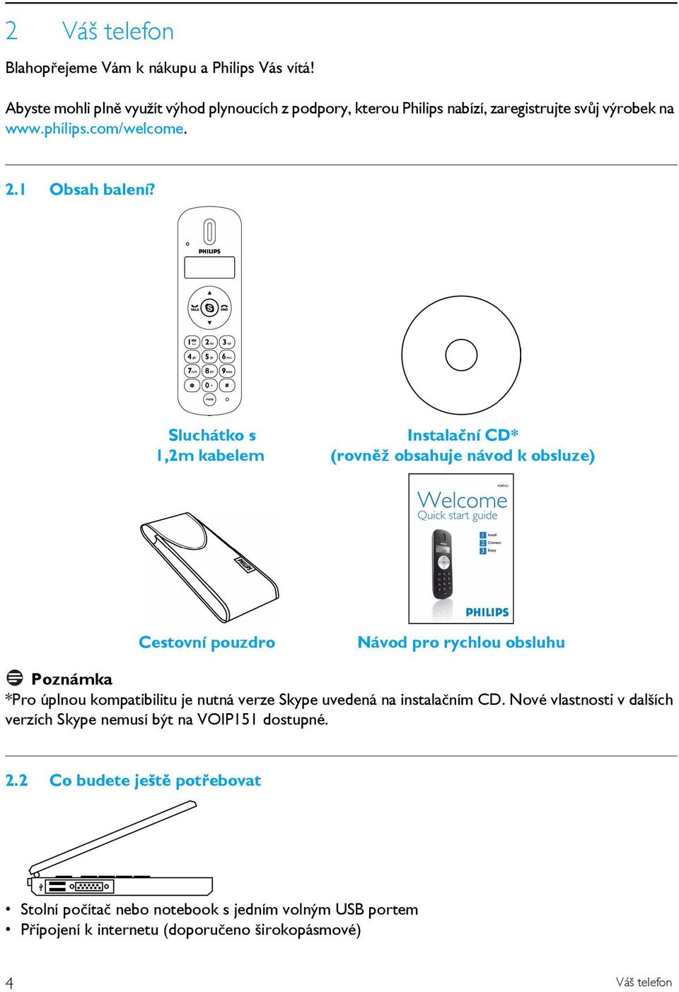 Sluchátko s 1,2m kabelem Instalační CD* (rovněž obsahuje návod k obsluze) Cestovní pouzdro Návod pro rychlou obsluhu *Pro úplnou kompatibilitu je nutná