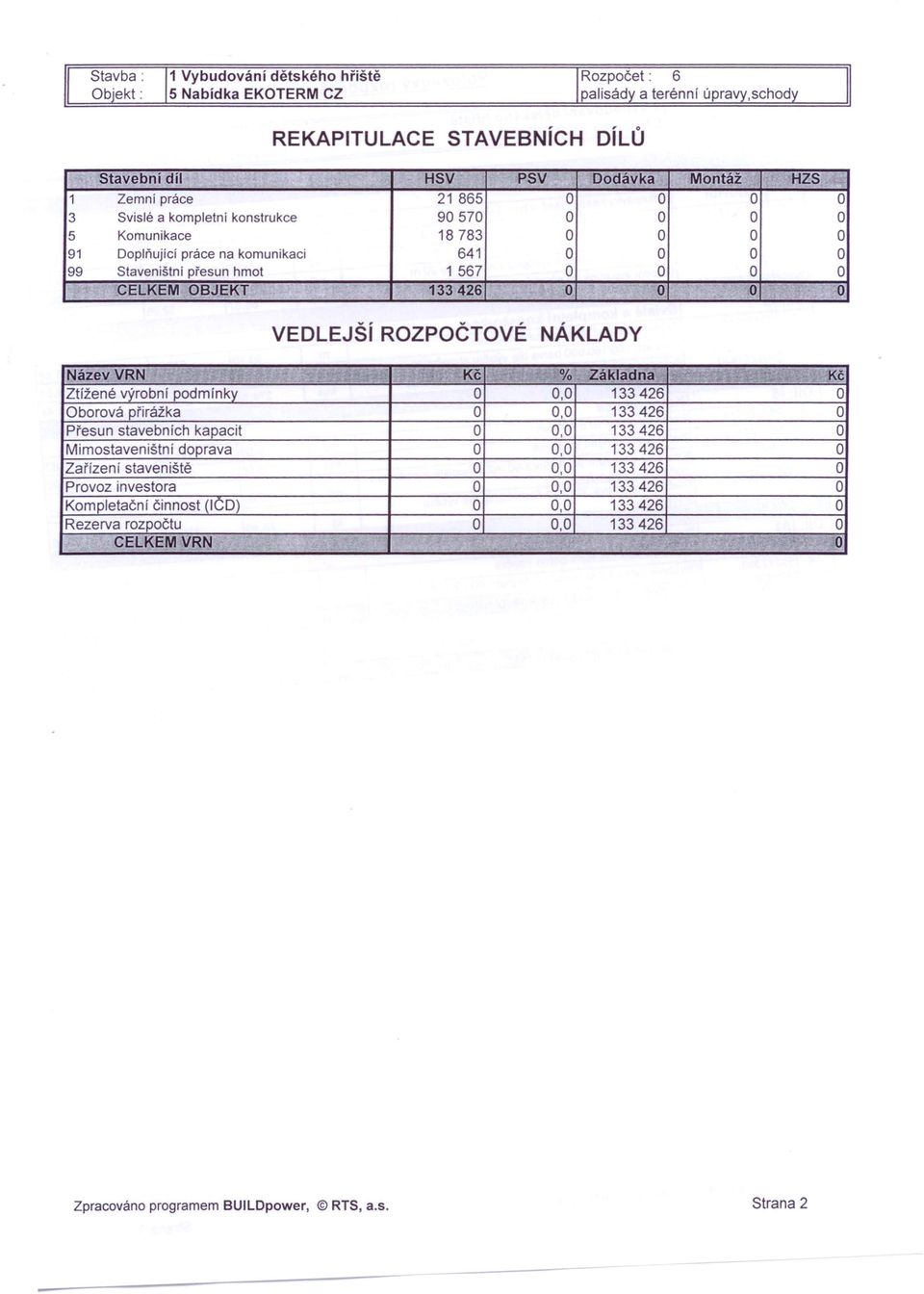 Kč Ztížené výrobní podmínky 0,0 133426 borová přirážka 0,0 133426 Přesun stavebních kapacit 0,0 133426 Mimostaveništní doprava 0,0 133426 Zařízení staveniště