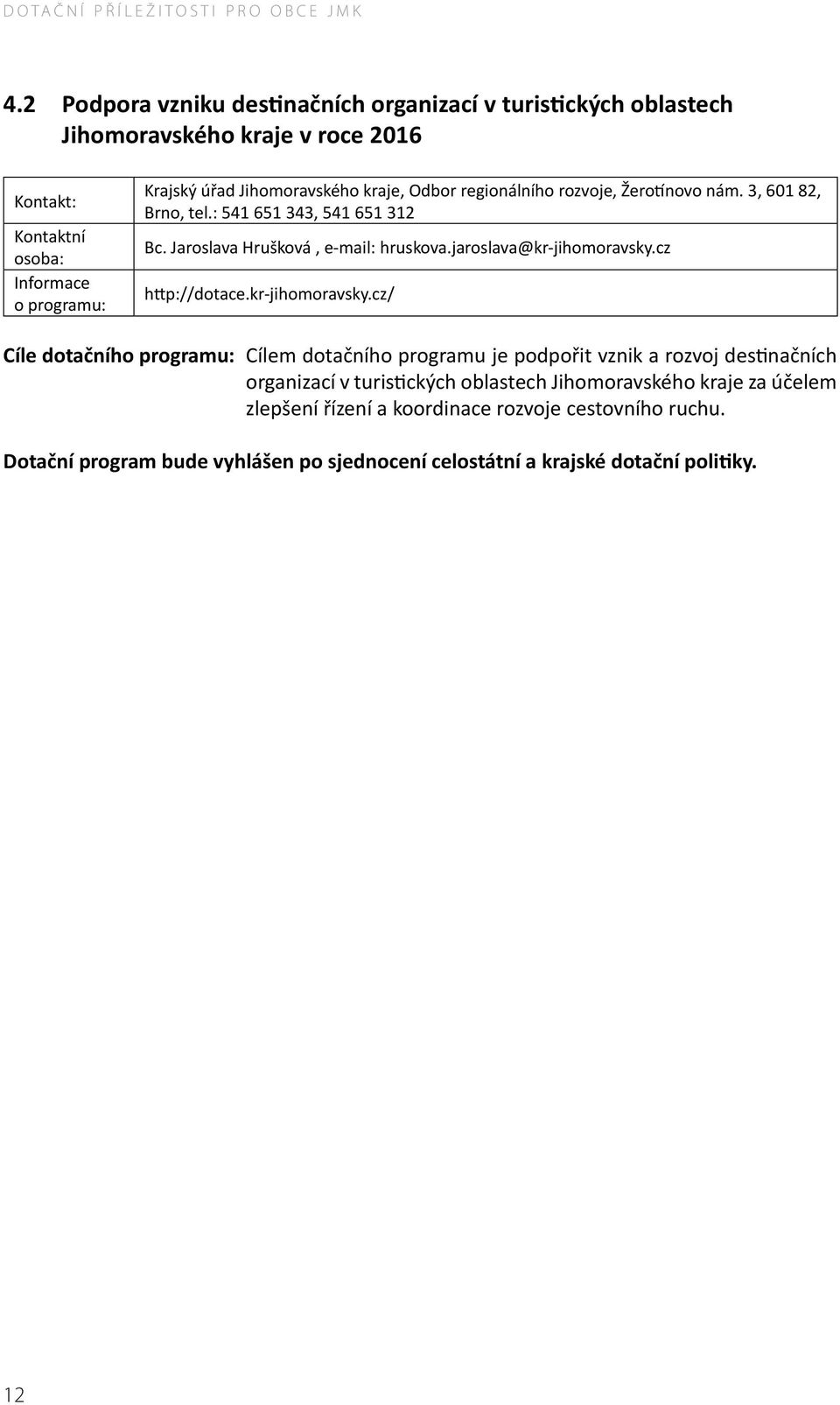 rozvoje, Žerotínovo nám. 3, 601 82, Brno, tel.: 541 651 343, 541 651 312 Bc. Jaroslava Hrušková, e-mail: hruskova.jaroslava@kr-jihomoravsky.