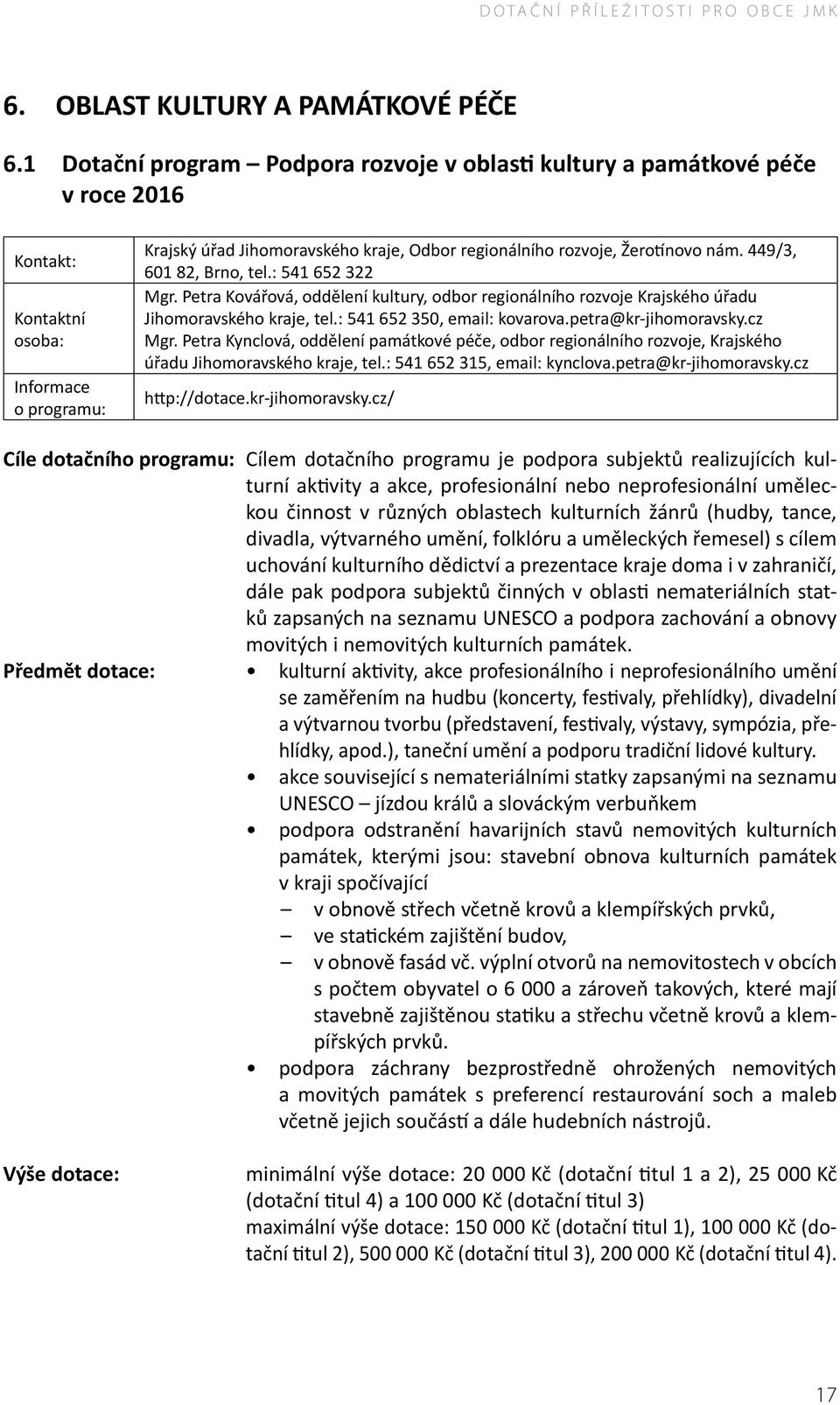 : 541 652 322 Mgr. Petra Kovářová, oddělení kultury, odbor regionálního rozvoje Krajského úřadu Jihomoravského kraje, tel.: 541 652 350, email: kovarova.petra@kr-jihomoravsky.cz Mgr.