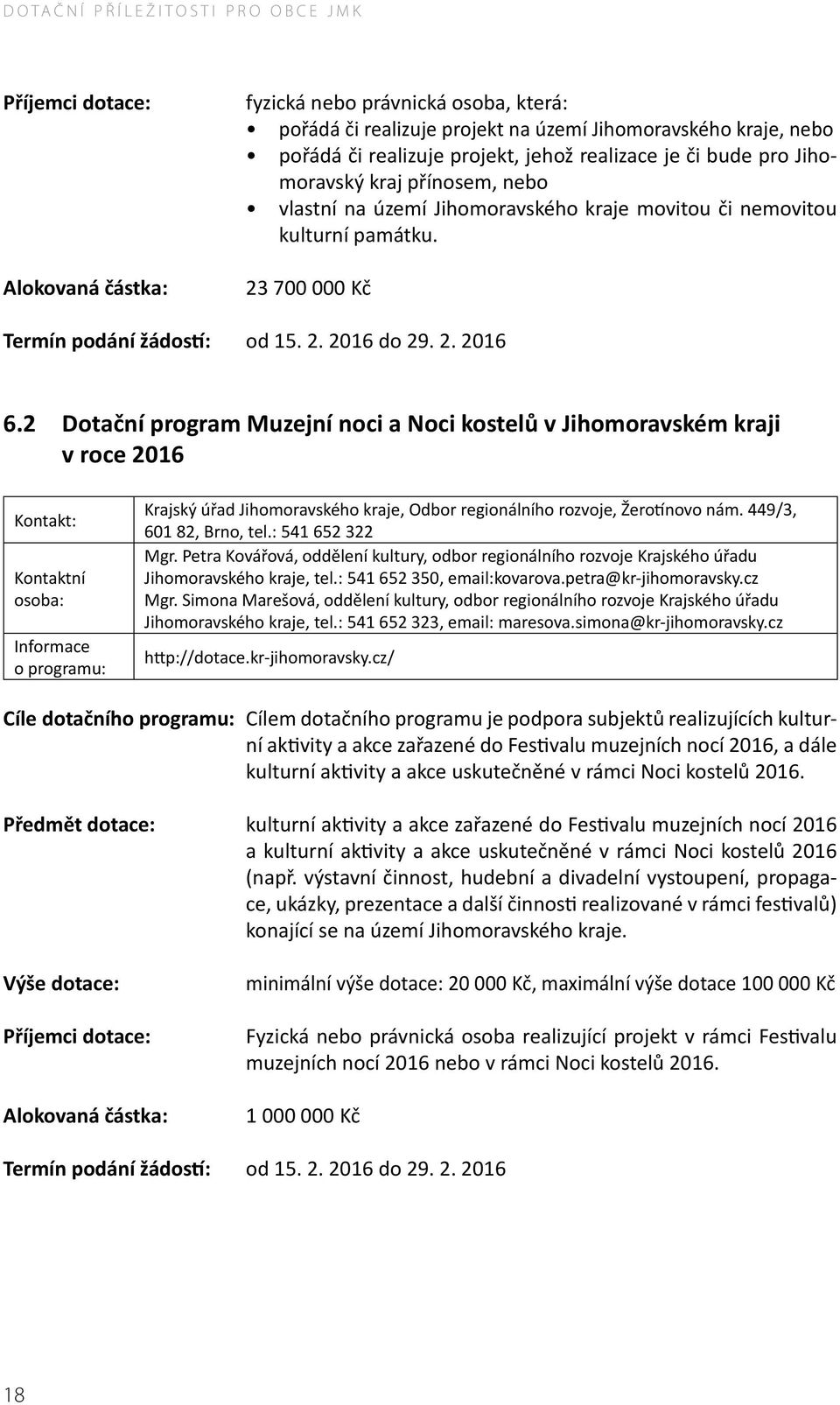 2 Dotační program Muzejní noci a Noci kostelů v Jihomoravském kraji v roce 2016 Krajský úřad Jihomoravského kraje, Odbor regionálního rozvoje, Žerotínovo nám. 449/3, 601 82, Brno, tel.