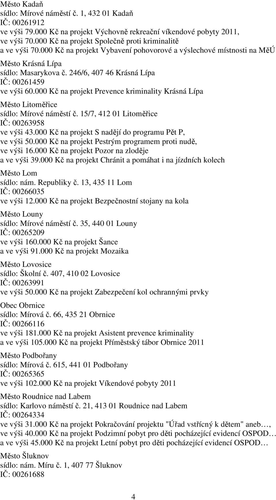 246/6, 407 46 Krásná Lípa IČ: 00261459 ve výši 60.000 Kč na projekt Prevence kriminality Krásná Lípa Město Litoměřice sídlo: Mírové náměstí č. 15/7, 412 01 Litoměřice IČ: 00263958 ve výši 43.