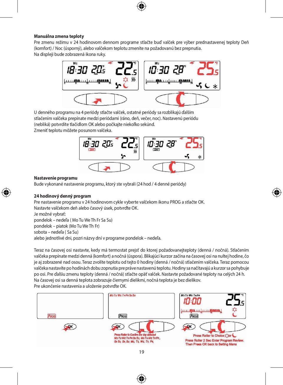 U denného programu na 4 periódy stlačte valček, ostatné periódy sa rozblikajú ďalším stlačením valčeka prepínate medzi periódami (ráno, deň, večer, noc).