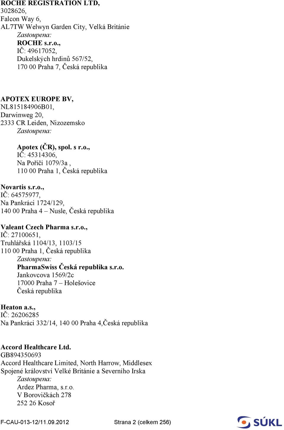 pena: ROCHE s.r.o., IČ: 49617052, Dukelských hrdinů 567/52, 170 00 Praha 7, Česká republika APOTEX EUROPE BV, NL815184906B01, Darwinweg 20, 2333 CR Leiden, Nizozemsko Zastoupena: Apotex (ČR), spol.